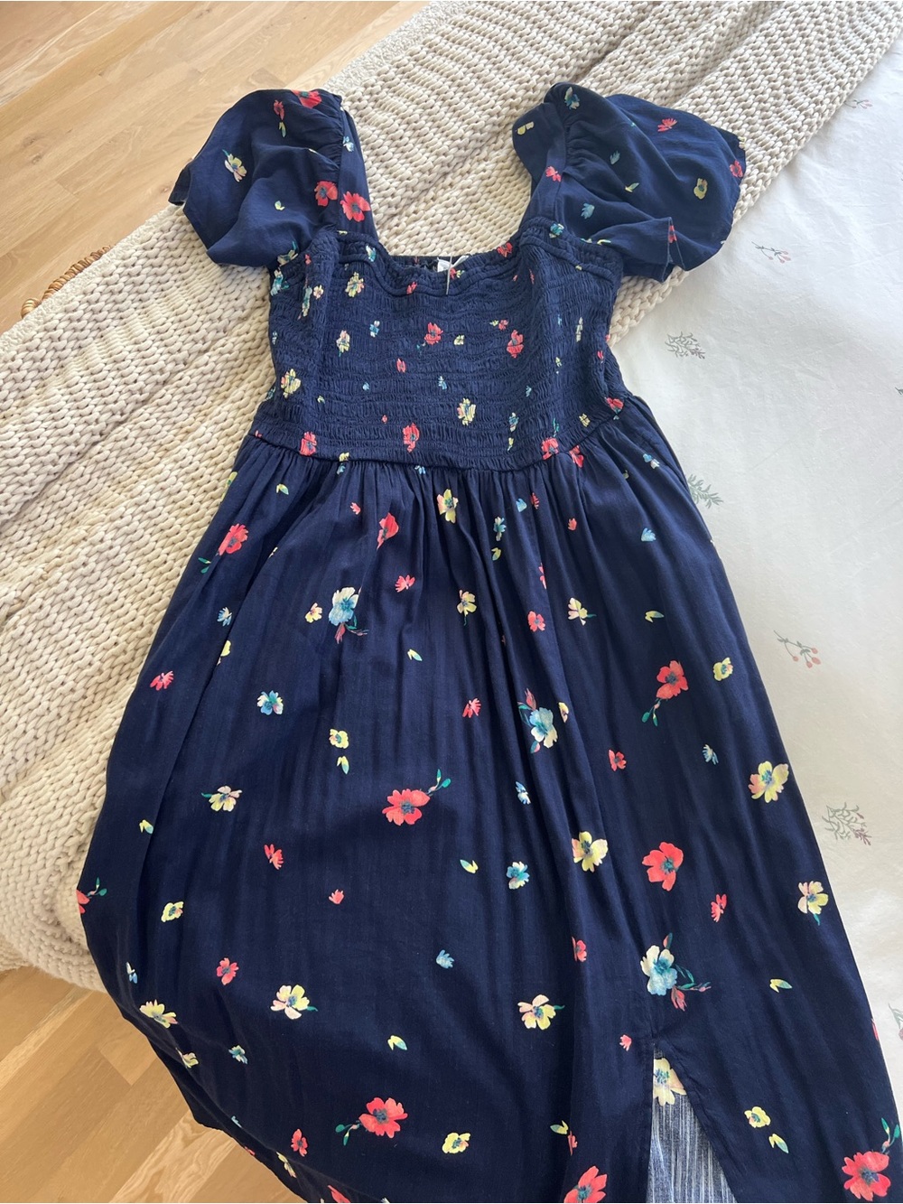 GAP Navy Floral Puff-Sleeve Smocked Dress
